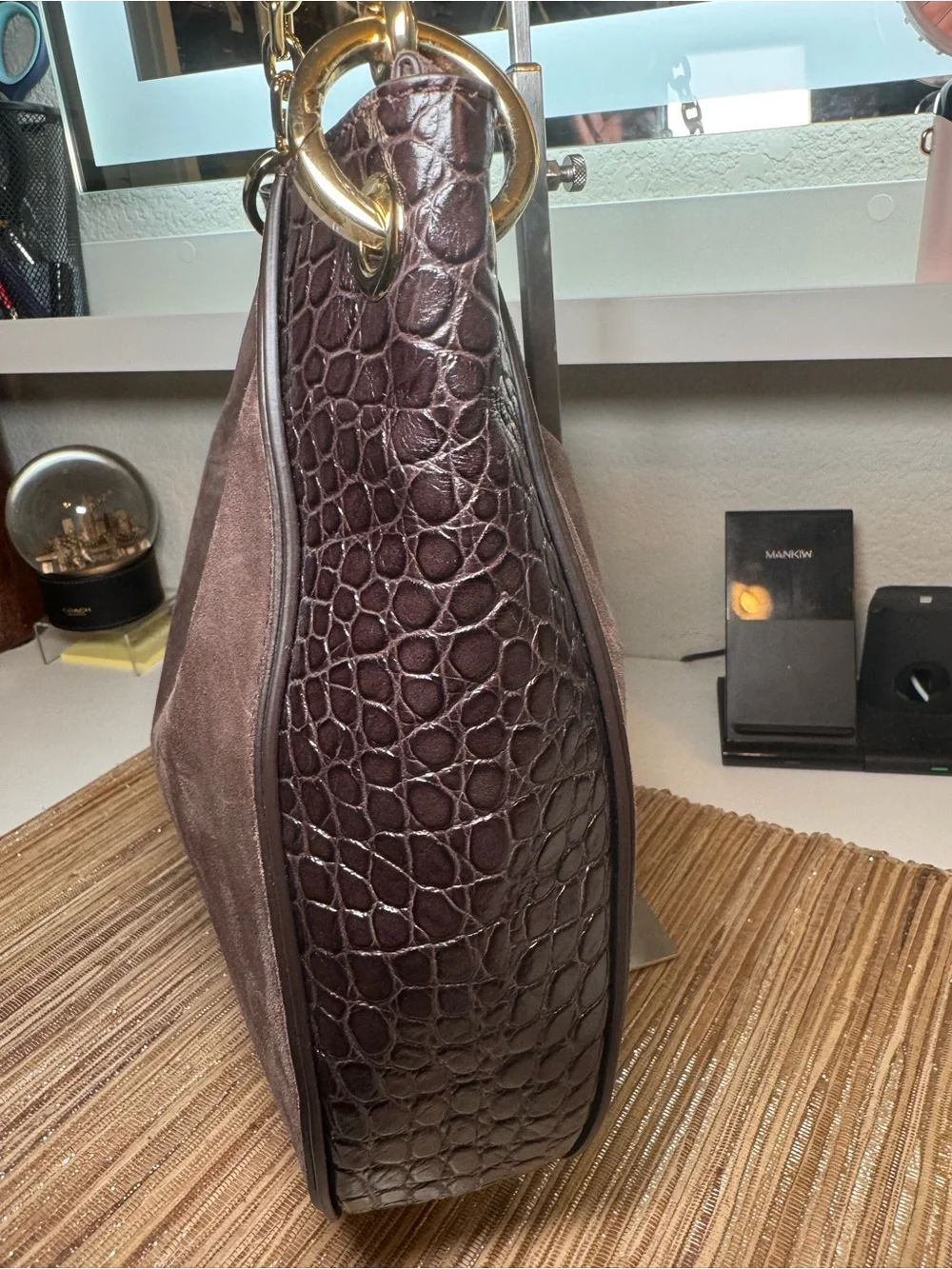 Michael Kors Taupe Suede Hobo with Gold MK Charm